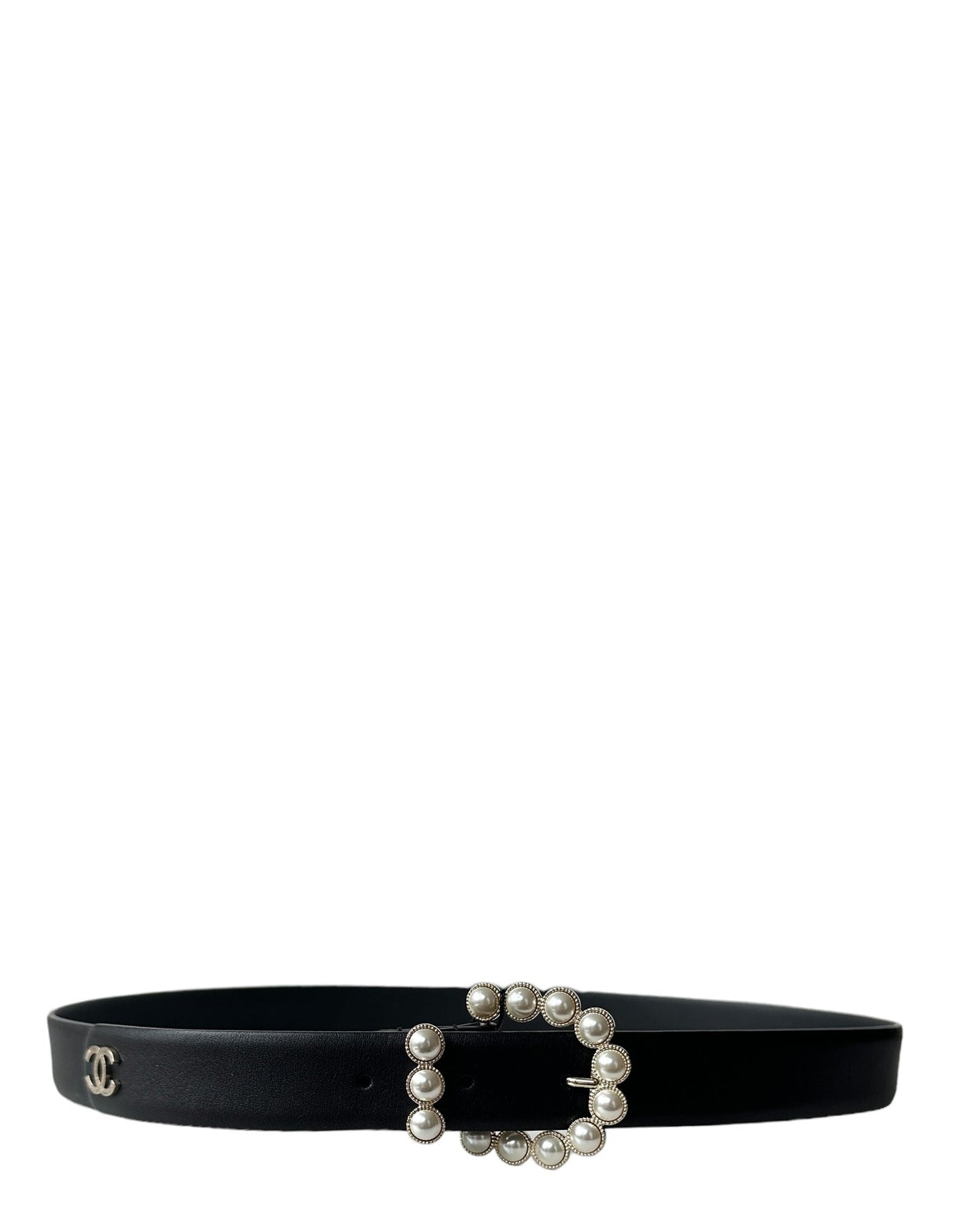 Chanel NWT Black Leather Belt w/ Pearl Buckle sz 90/36"