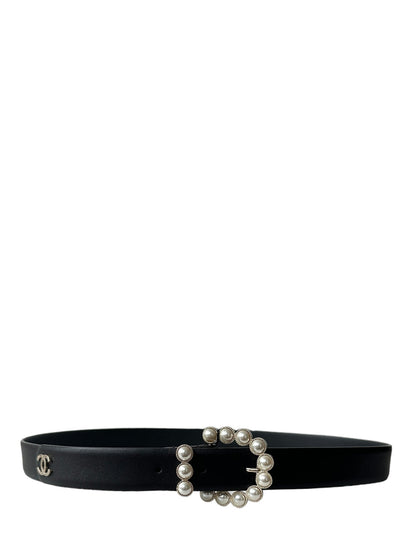 Chanel NWT Black Leather Belt w/ Pearl Buckle sz 90/36"