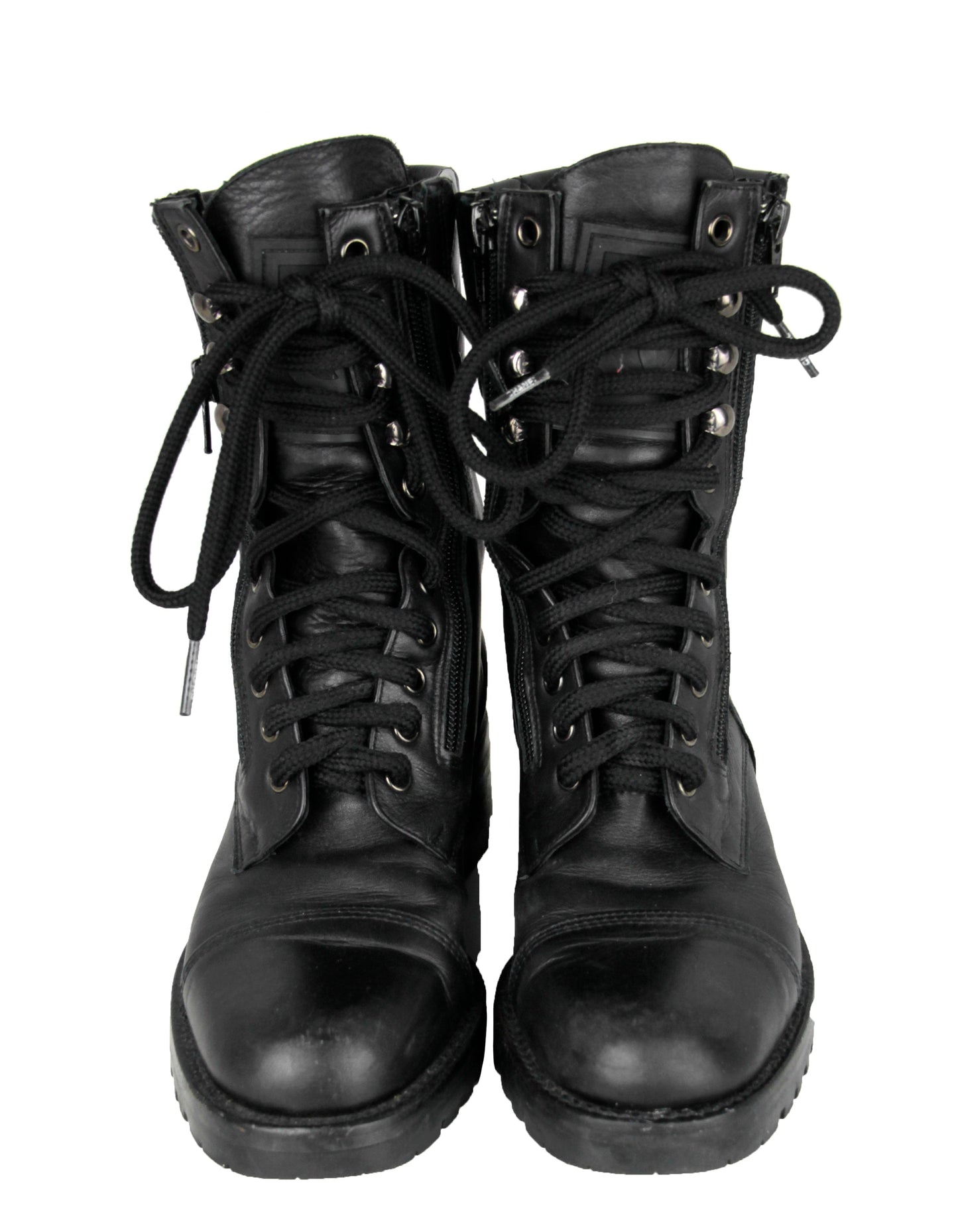 Chanel Vintage Black Leather CC Combat Boots sz 36