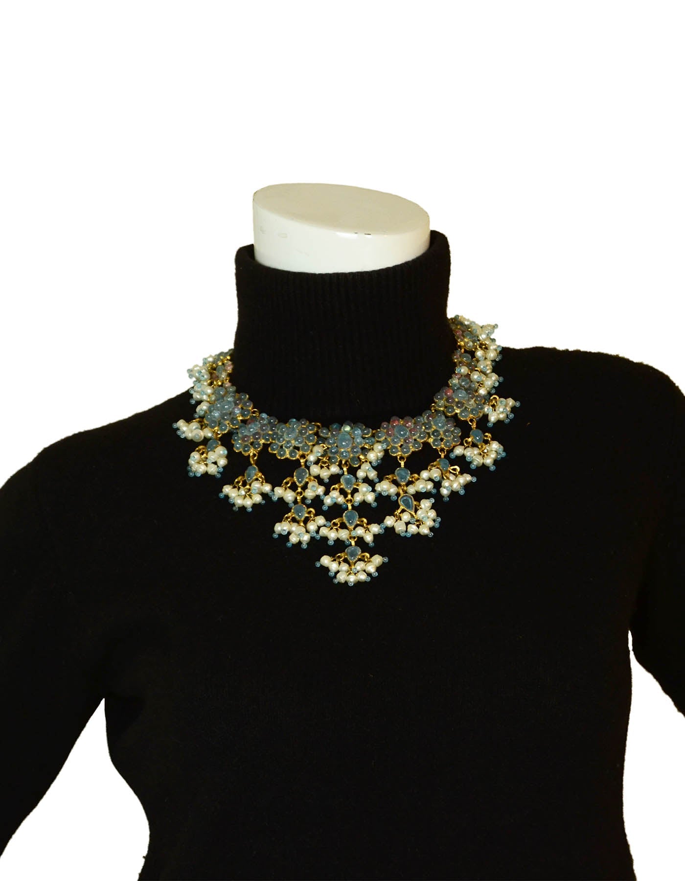 Rare Chanel 90’s Vintage Blue Gripoix & Faux Pearl Statement Necklace