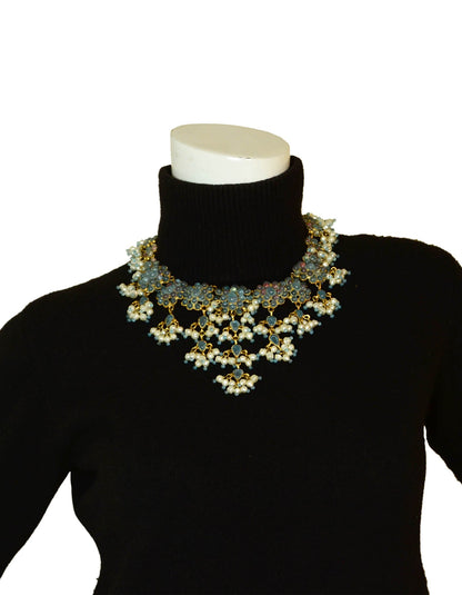 Rare Chanel 90’s Vintage Blue Gripoix & Faux Pearl Statement Necklace