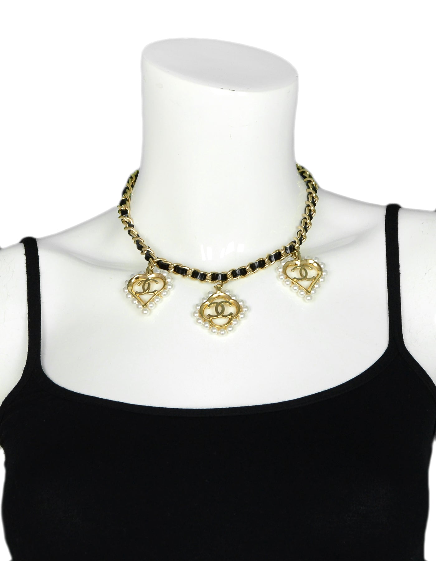Chanel 2019 Leather Laced Chain Necklace w/ Pearl CC Heart & Flower Charms