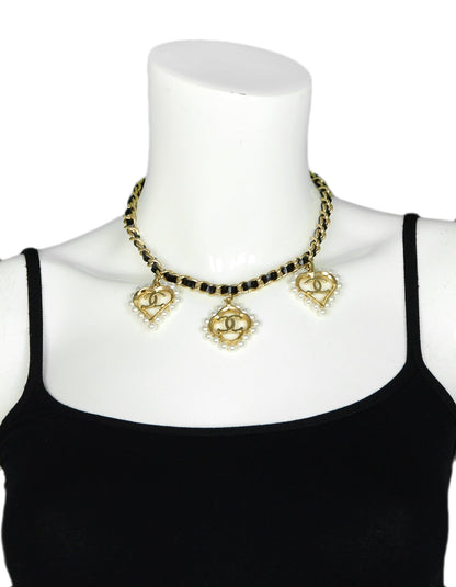 Chanel 2019 Leather Laced Chain Necklace w/ Pearl CC Heart & Flower Charms