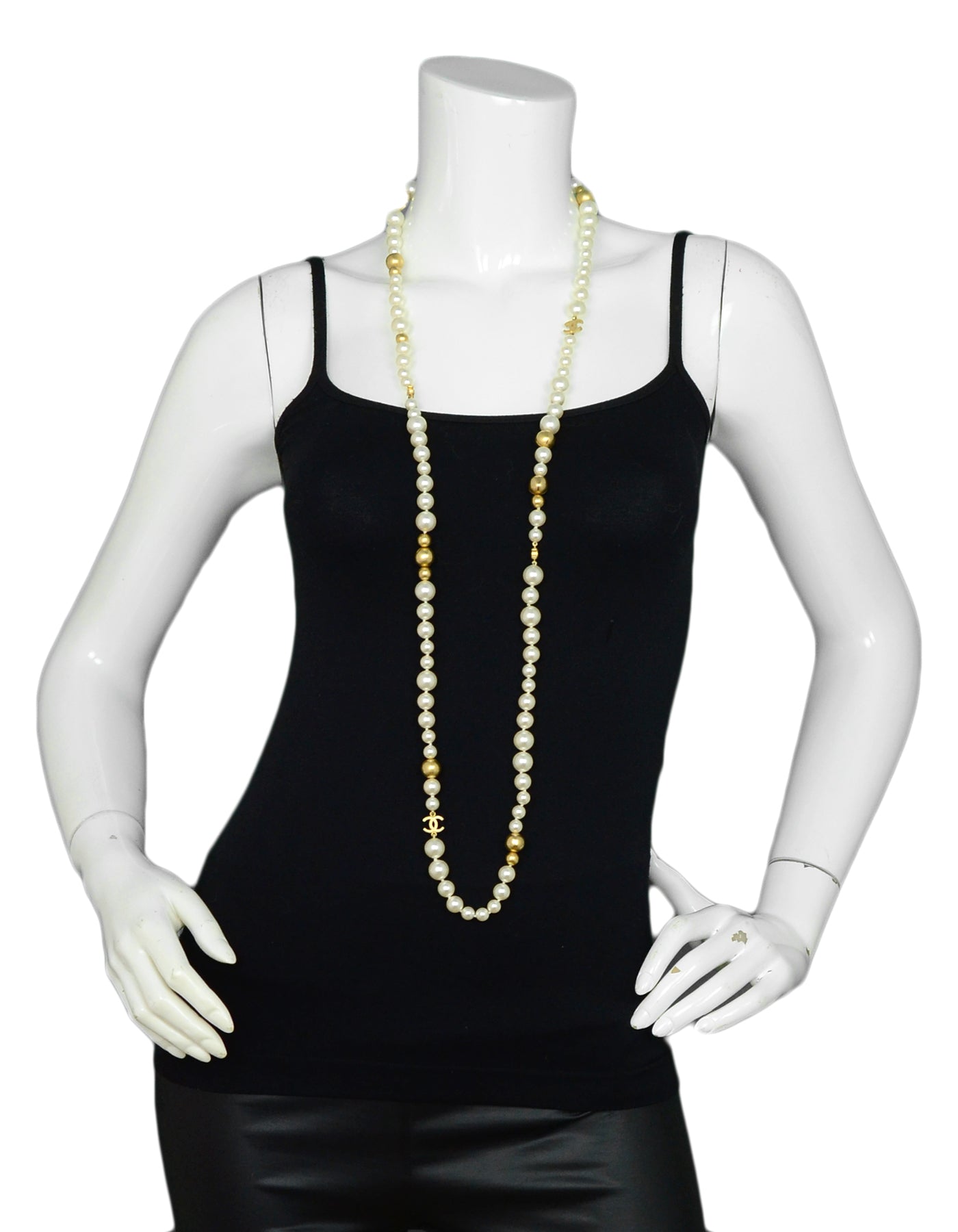 Chanel '07 Ivory/Gold Faux Pearl and Gold Bead CC 46" Necklace