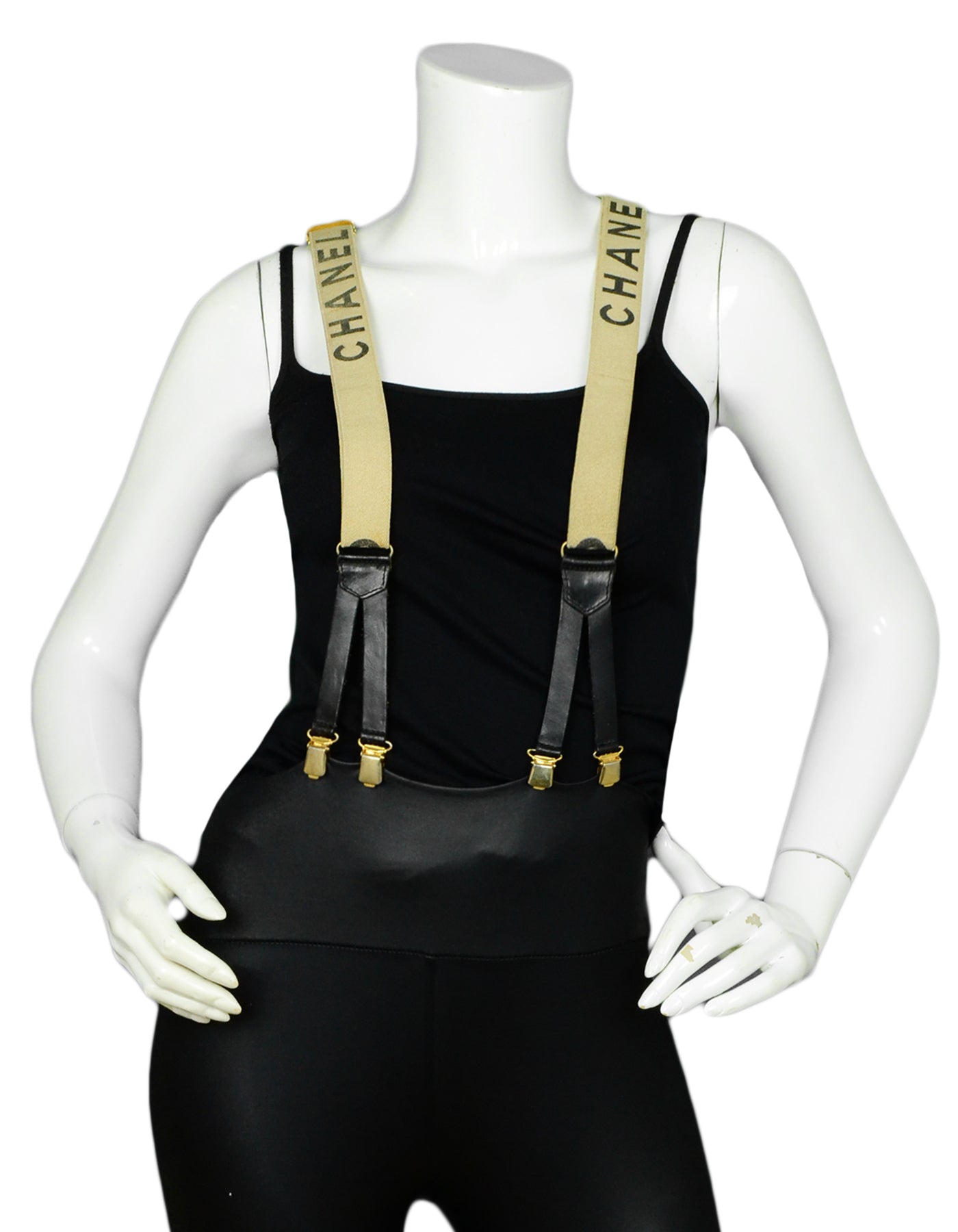 Chanel Vintage Beige & Black Logo Suspenders