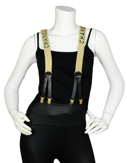 Chanel Vintage Beige & Black Logo Suspenders
