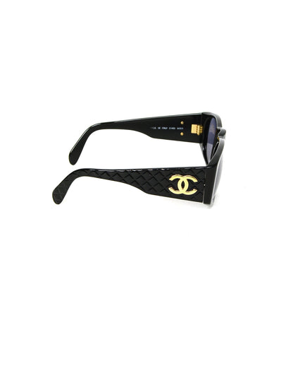 Chanel '90s Vintage Black Acetate Sunglasses w/ CC and Quilted Arms