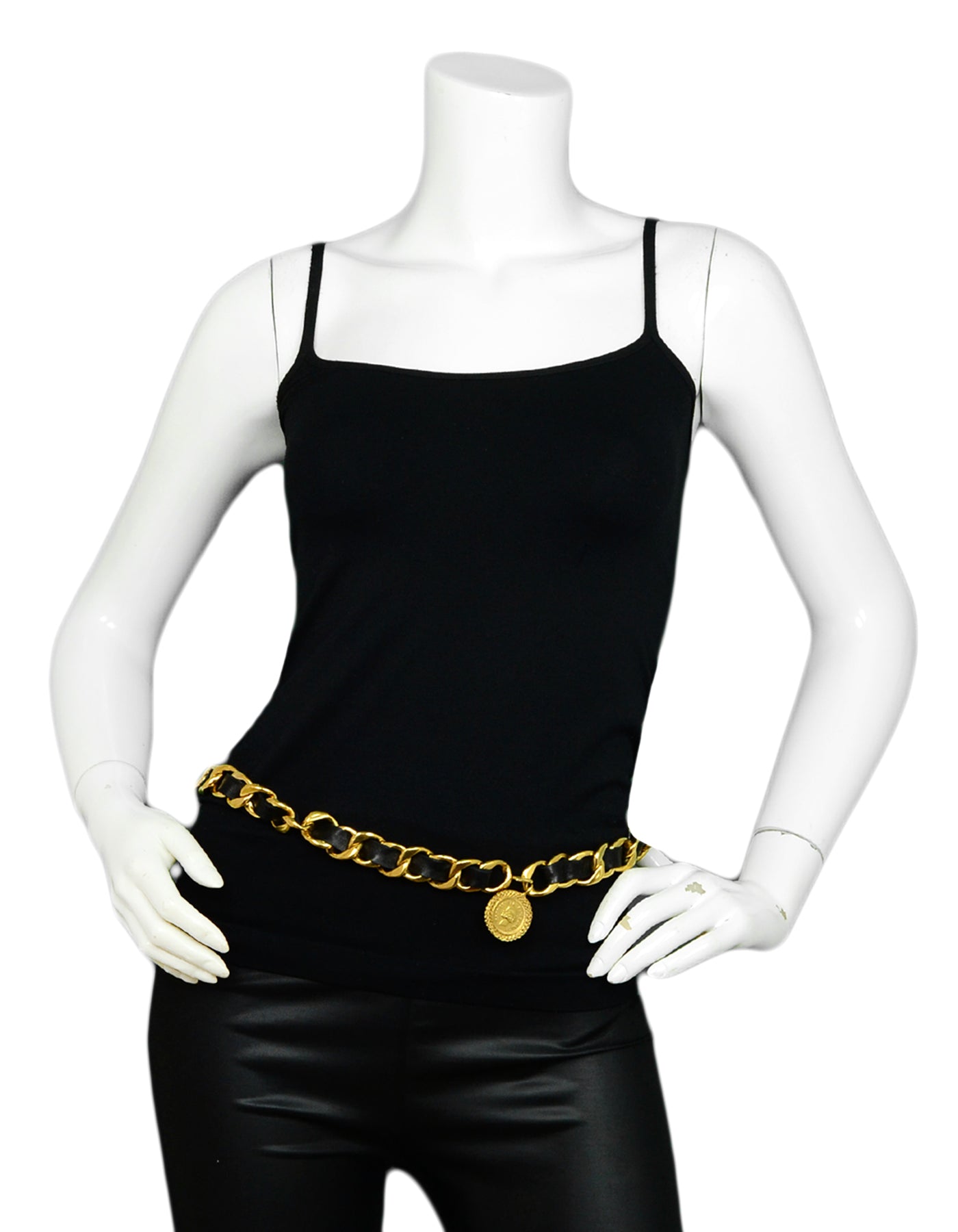 Chanel Black Leather Laced Goldtone Chainlink Belt with CC Medallion 34"