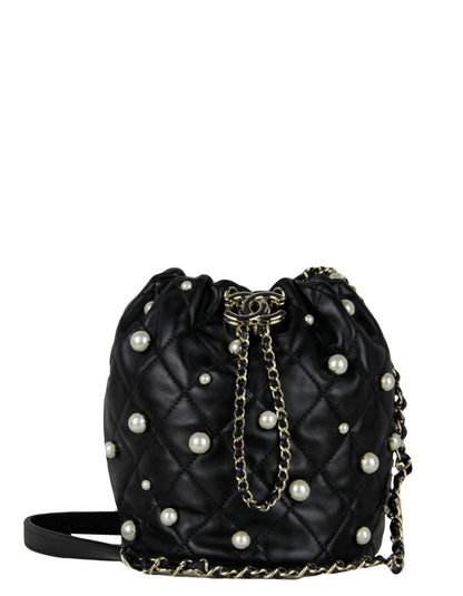 Chanel Black Leather Pearl Bucket Bag