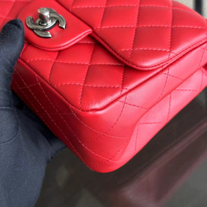 Mini Square Classic Flap Quilted Lambskin Red RSHW No 20