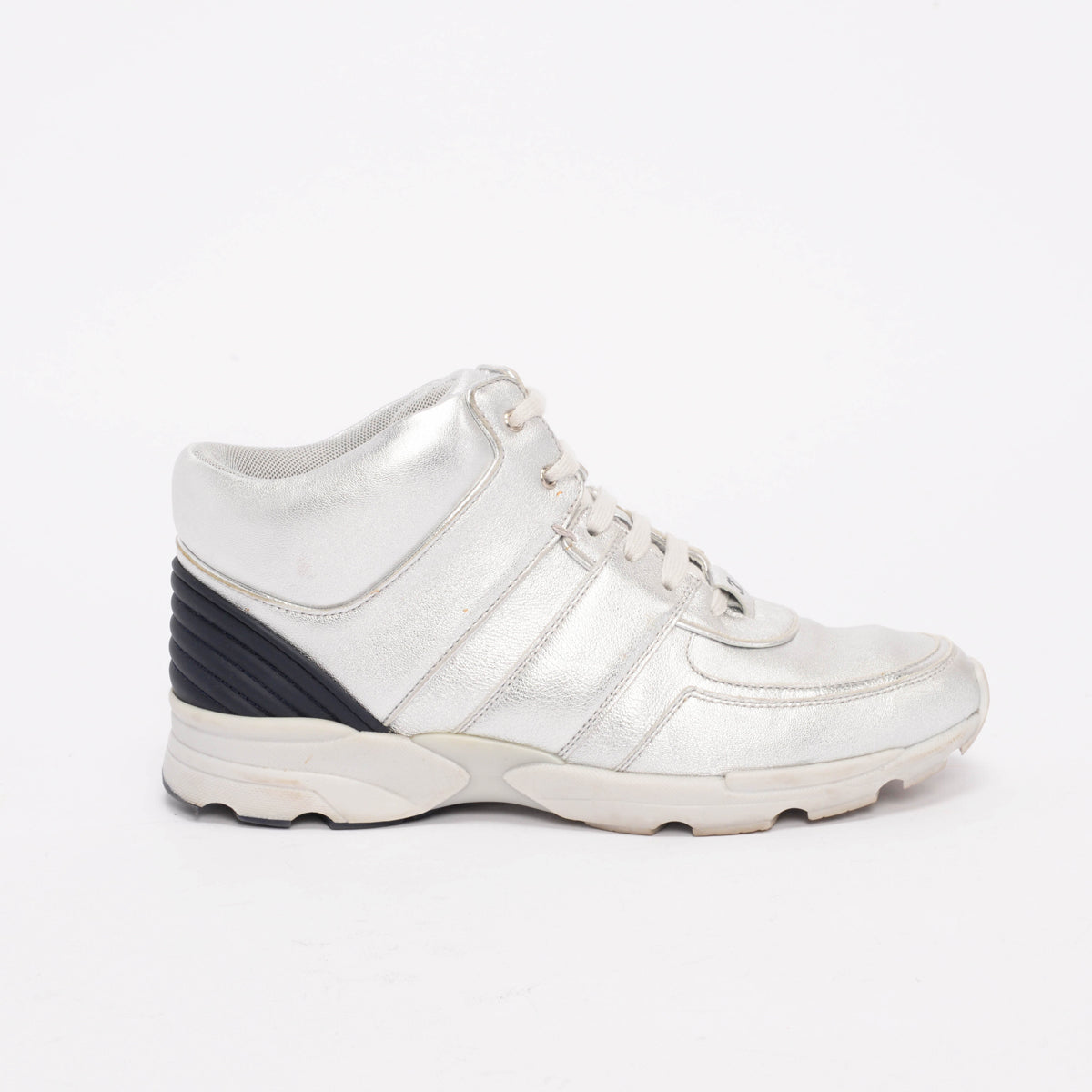 Chanel Silver Metallic Leather High Top Sneakers 39