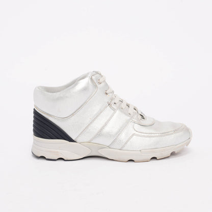 Chanel Silver Metallic Leather High Top Sneakers 39