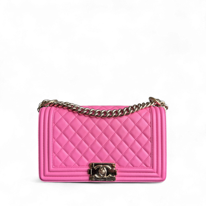 Chanel Boy Medium - Caflskin 25CM Quilted Pink Gold Hardware