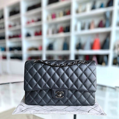 Chanel Classic Flap Medium - Caviar 25CM Quilted Grained Calfskin Iridescent Charcoal Dark Grey Gray Ruthenium Silver Hardware Series 20