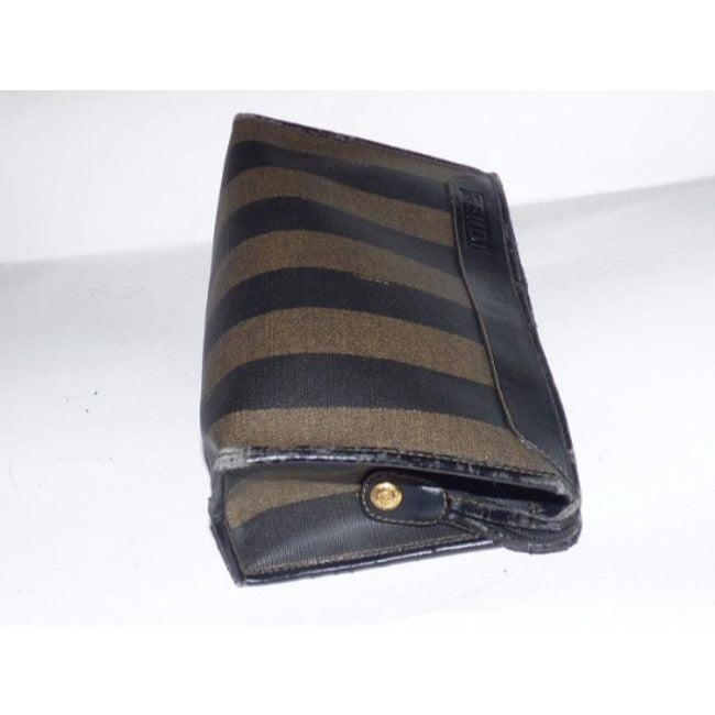 Fendi Vintage Pequin Stripe Print Coated Canvas & Dark Brown Leather Clutch