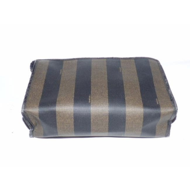 Fendi Vintage Pequin Stripe Print Coated Canvas & Dark Brown Leather Clutch