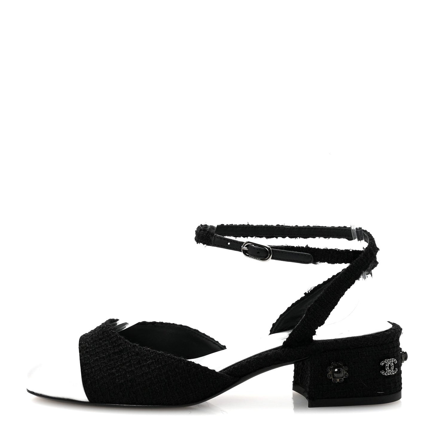 Tweed Iridescent Calfskin Cap Toe CC Slingback Pumps 37 Black Silver