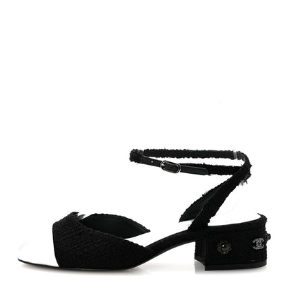 Tweed Iridescent Calfskin Cap Toe CC Slingback Pumps 37 Black Silver