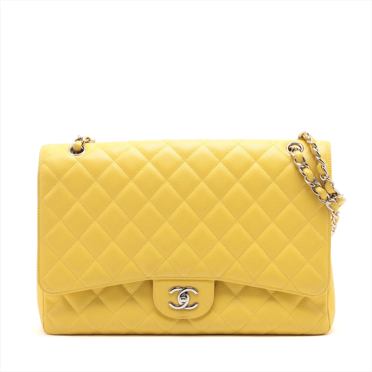 CHANEL DECAMATRASSE 34 MAXI Caviar S Single Flap Double Chain Bag Yellow Silver  13th A58601