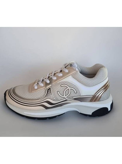 Women CC Logo Fabric Laminated Low Top Sneakers Silver Ivory Chanel