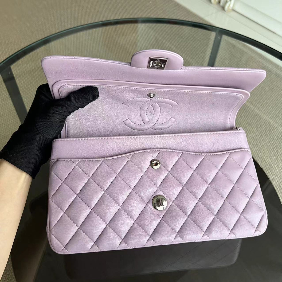 Double Flap Quilted Lambskin Violet Silver Hardware Series 17