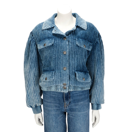 Chanel Blue Velvet & Strass Bomber Jacket FR 34