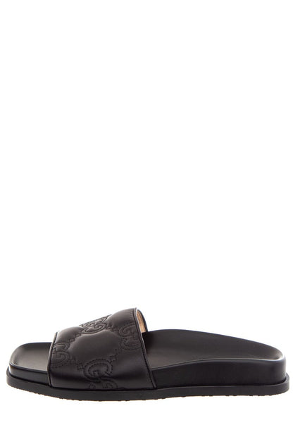 Gucci Black Leather Monogram Slides SZ 37