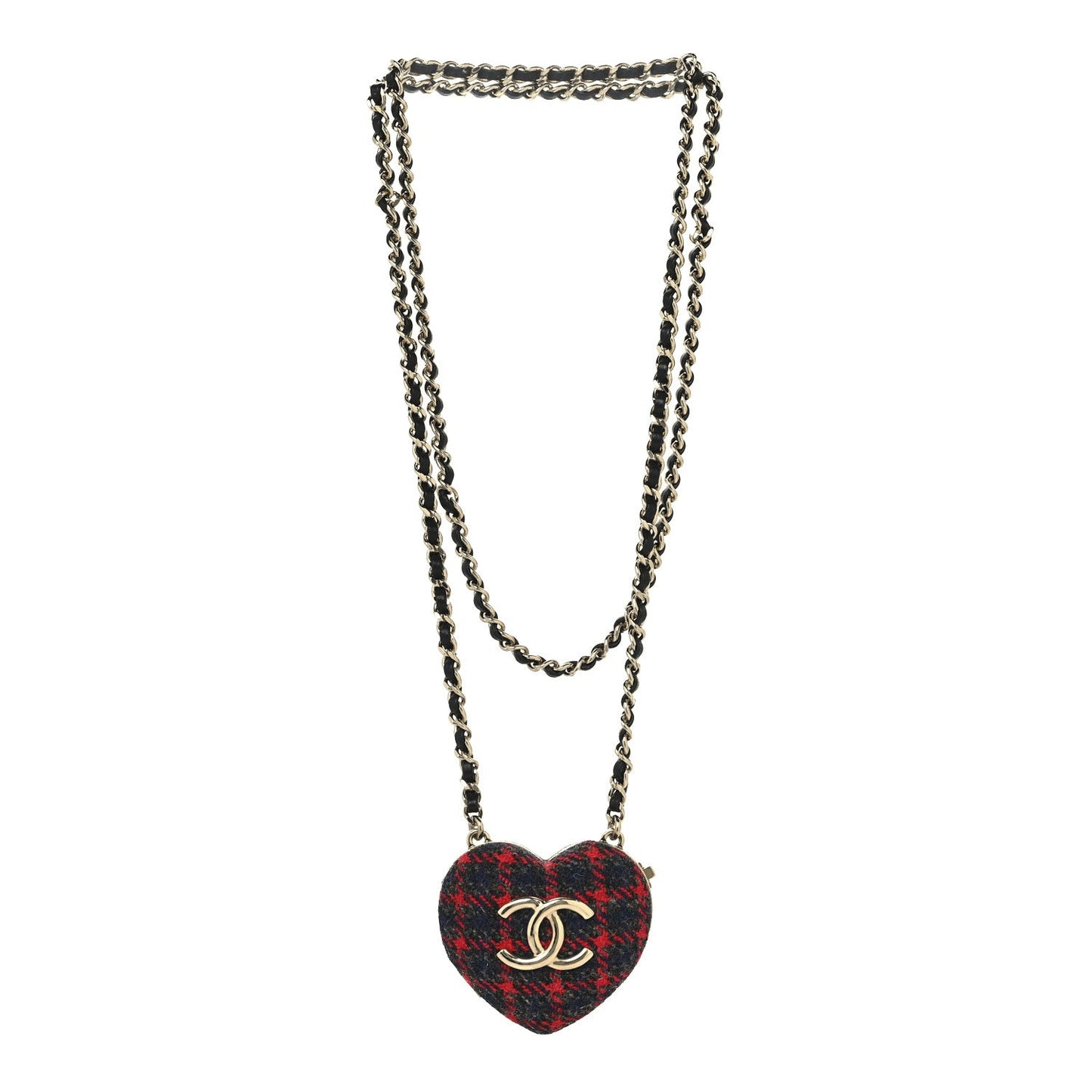 Tweed Lambskin CC Heart Locket Necklace Gold Grey Red Black
