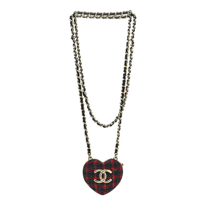 Tweed Lambskin CC Heart Locket Necklace Gold Grey Red Black
