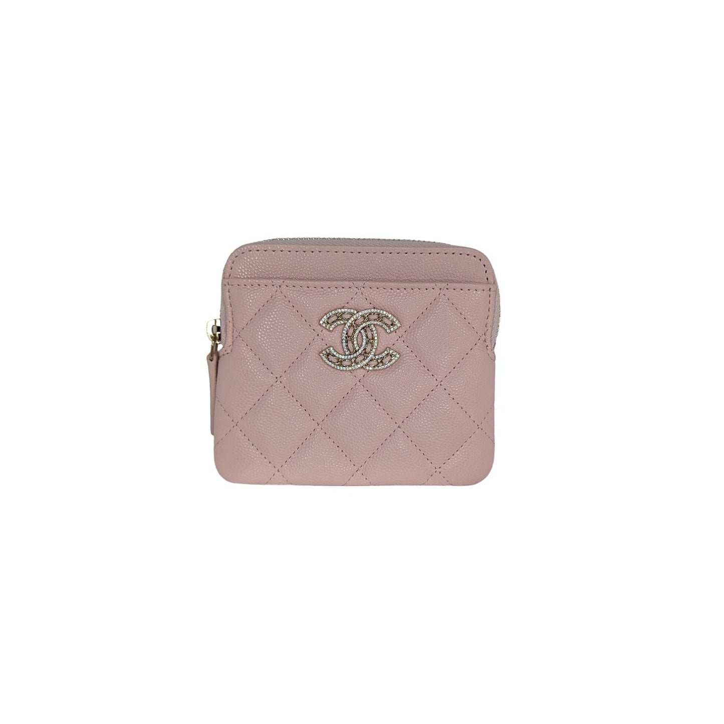 Chanel Caviar Quilted Crystal Zip Card Holder Wallet Light Pink