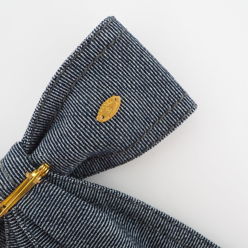 CHANEL Brooch Cotton denim Blue ribbon Women Used