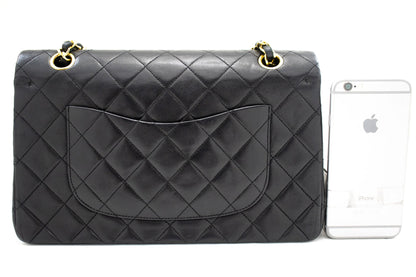 CHANEL Classic Double Flap 10" Chain Shoulder Bag Black Lambskin k69