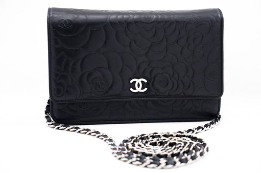 CHANEL Black Camellia Embossed Wallet On Chain WOC Shoulder Bag k68