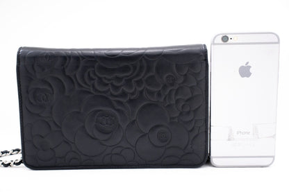 CHANEL Black Camellia Embossed Wallet On Chain WOC Shoulder Bag k68