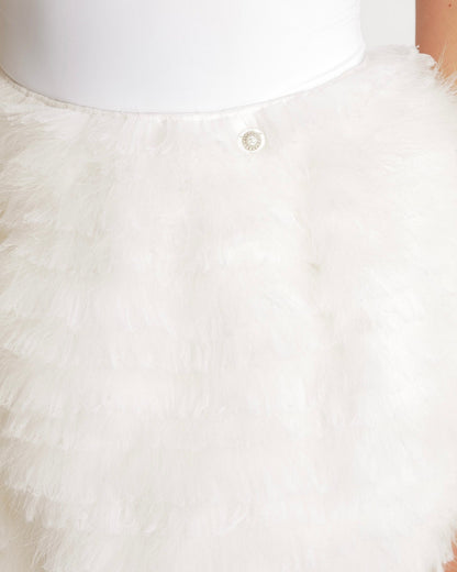 Chanel Fall 2019 White Silk Tiered Mini Skirt with Ruffled Lace and Feathers with Crystal CC Logo Button Size FR 34 (UK 6) RRP £8600