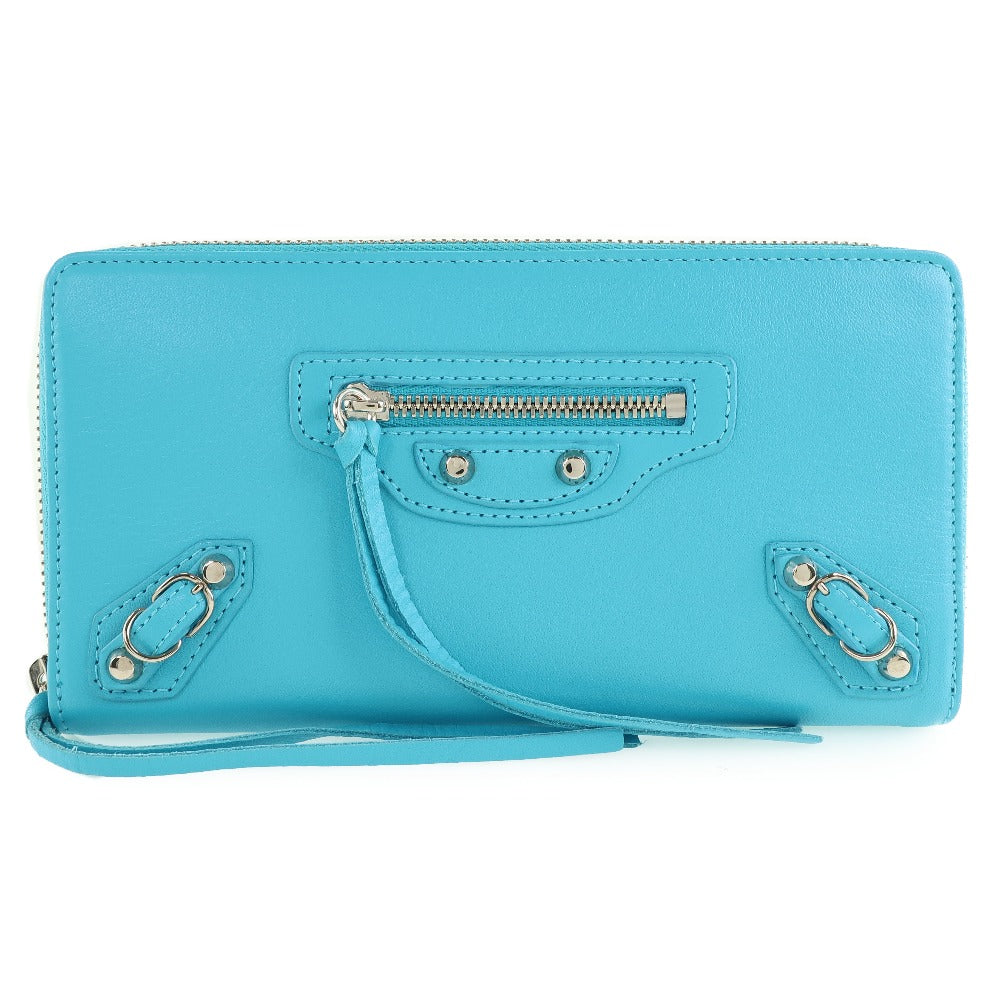 BALENCIAGA Long Wallet Purse Calfskin Blue Zip Around City Women