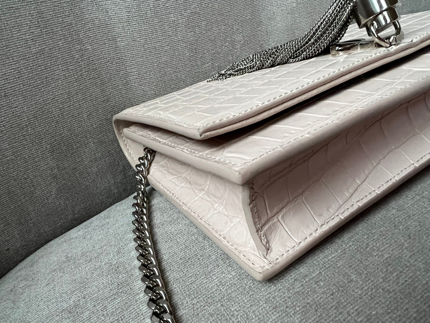 Yves Saint Laurent (YSL) Pale Pink Croc Kate Chain Wallet Silver Hardware