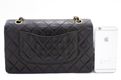 CHANEL Classic Double Flap 10" Chain Shoulder Bag Black Lambskin k71