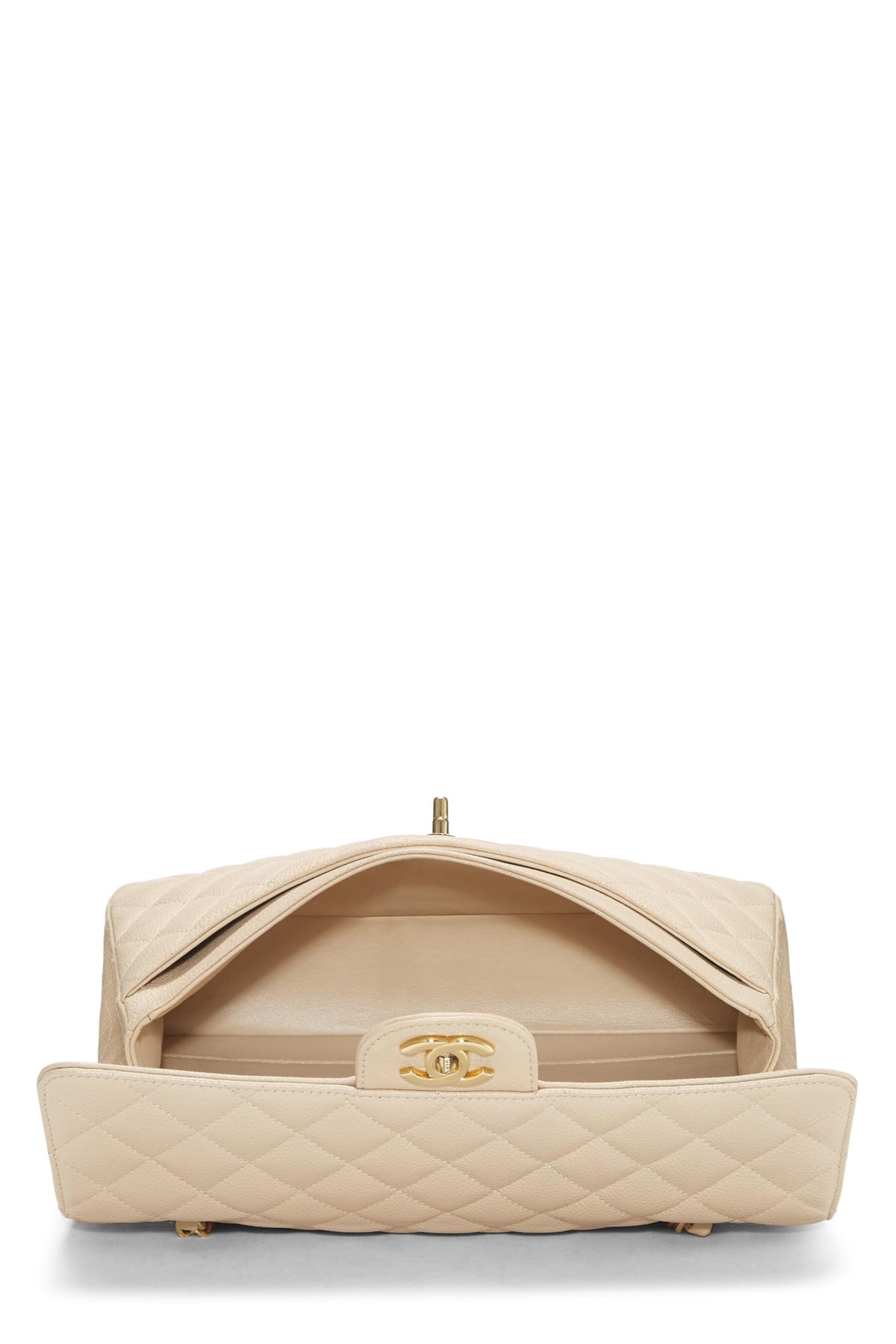 Chanel,  Beige Quilted Caviar Classic Double Flap Medium, Beige