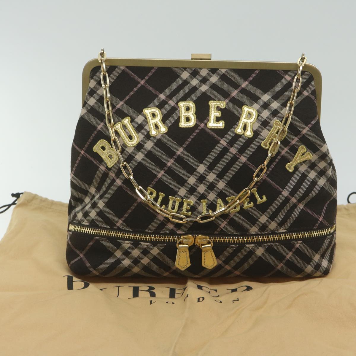 Burberry Nova Check Blue Label Chain Hand Bag Canvas Brown Auth 61800