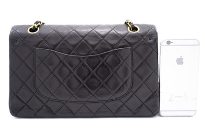 CHANEL Classic Double Flap 10" Chain Shoulder Bag Black Lambskin k72