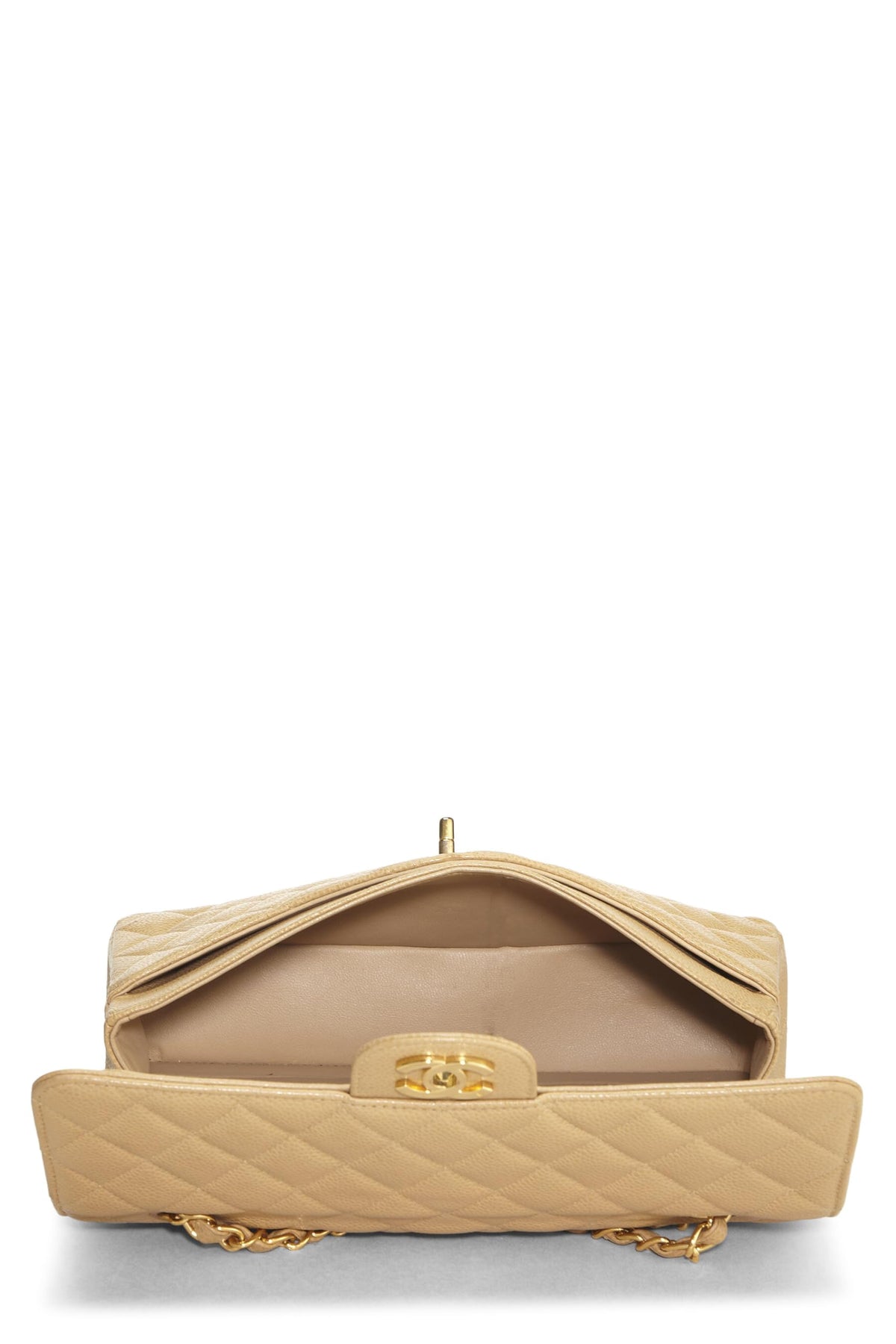 Chanel,  Beige Quilted Caviar Classic Double Flap Medium, Beige