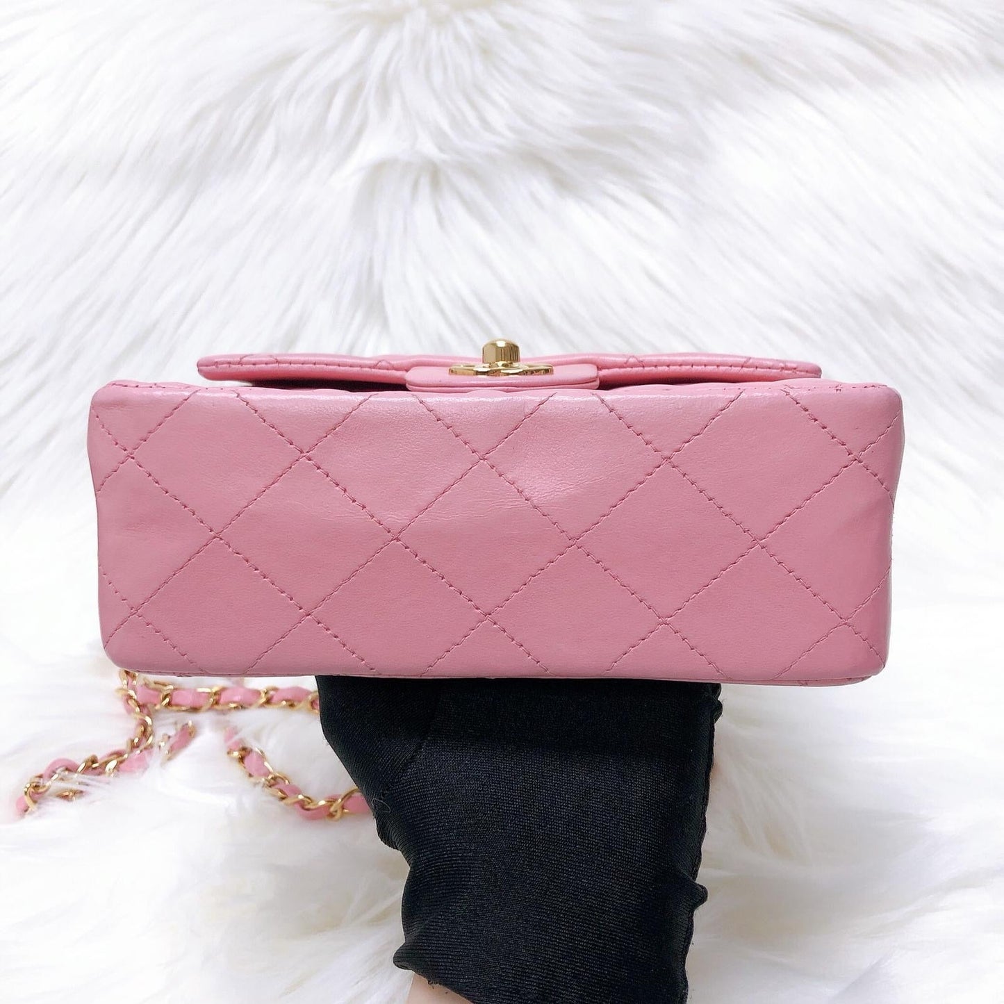 Vintage Mini Square Flap Bag in Pink Quilted Lambskin Leather GHW