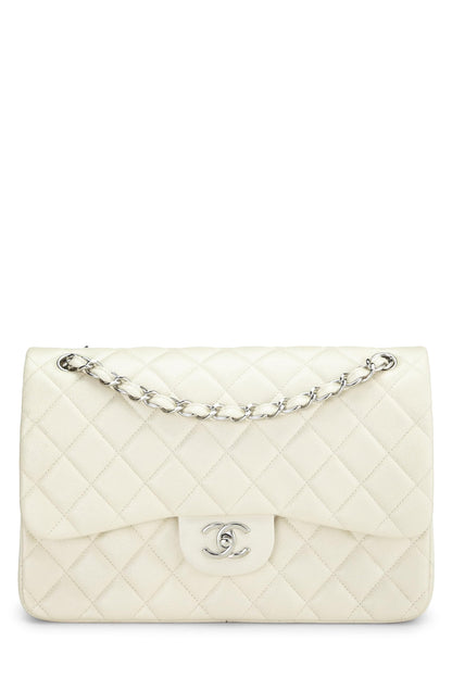 Chanel,  White Quilted Caviar New Classic Double Flap Jumbo, White
