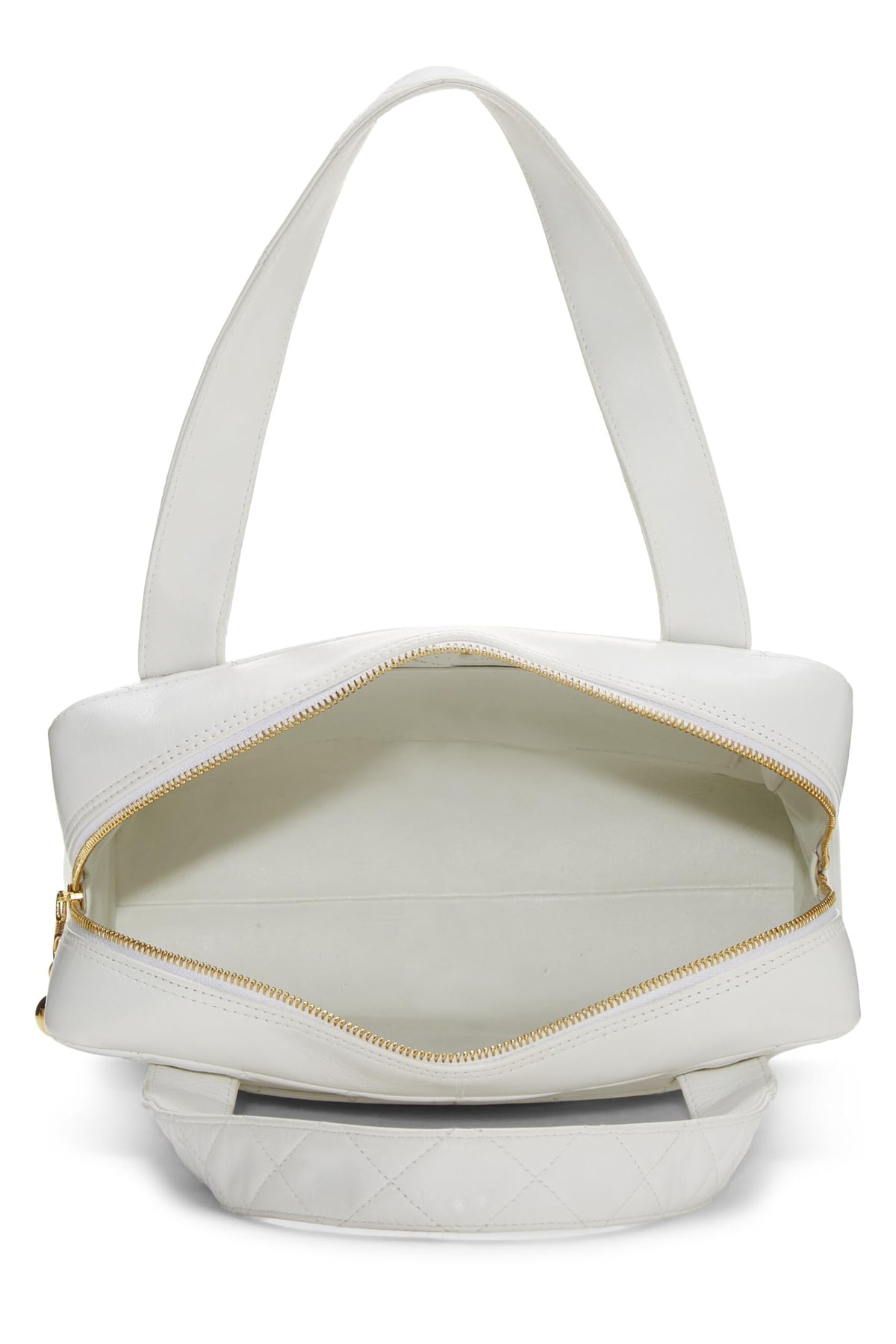 Chanel,  White Quilted Lambskin Top Handle Tote Mini, White
