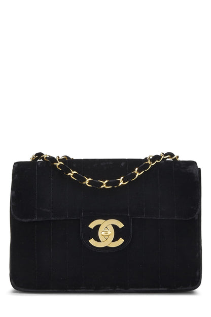 Chanel,  Black Vertical Velvet Half Flap Jumbo, Black