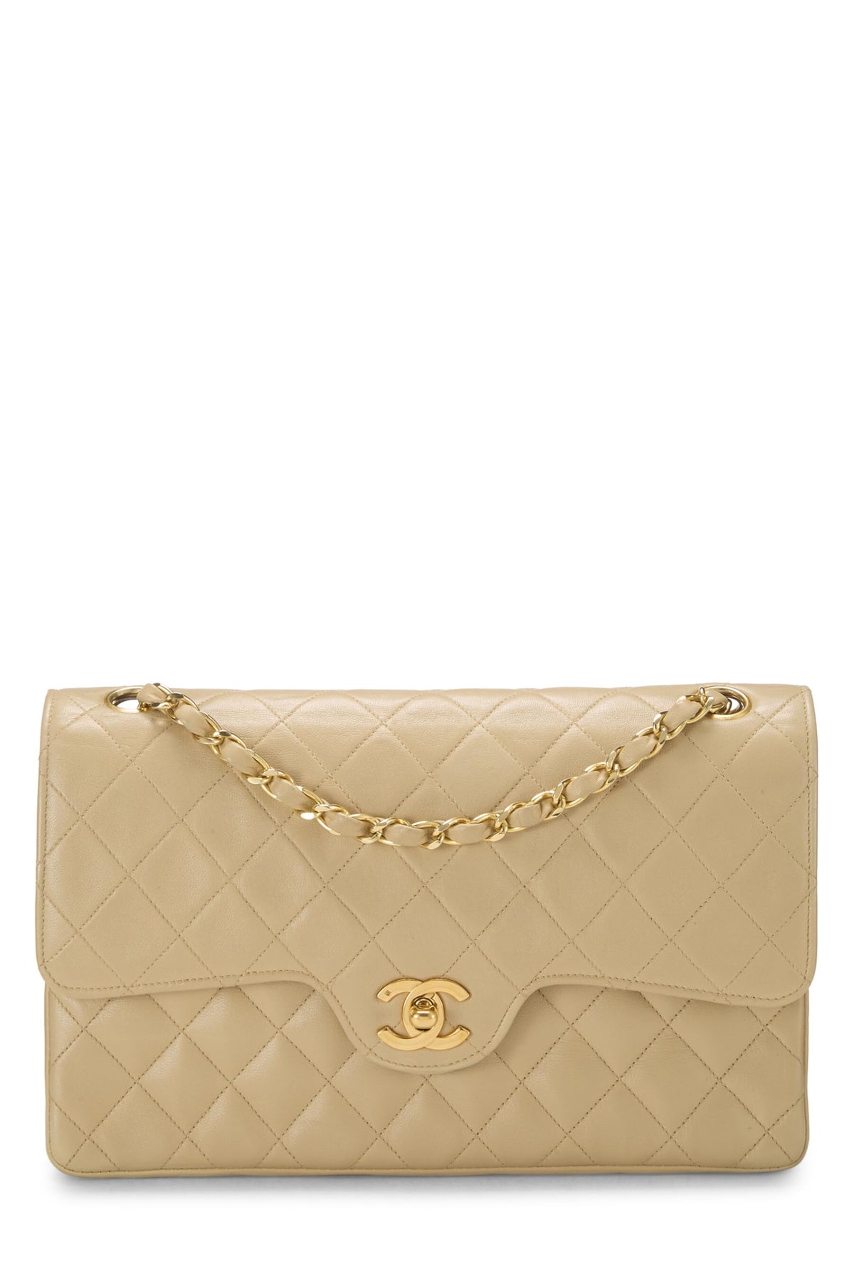 Chanel,  Beige Quilted Lambskin Curved Double Flap Medium, Beige
