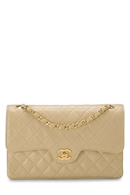 Chanel,  Beige Quilted Lambskin Curved Double Flap Medium, Beige