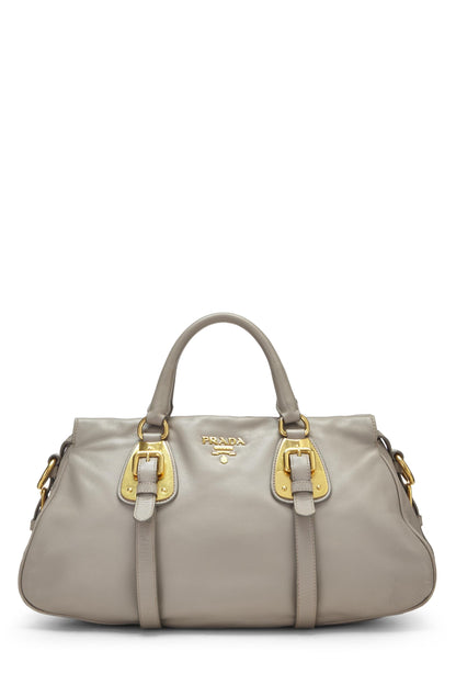 Prada,  Grey Calfskin Convertible Buckle Handbag, Grey