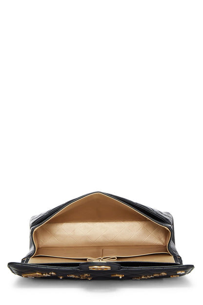 Chanel,  Black Lambskin Lucky Charm Double Flap Medium, Black